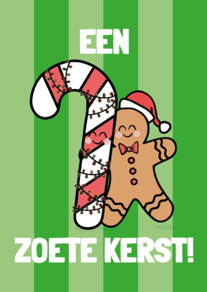 een kerstkaart met een zuurstok en een gingerbread poppetje die elkaar knuffelen